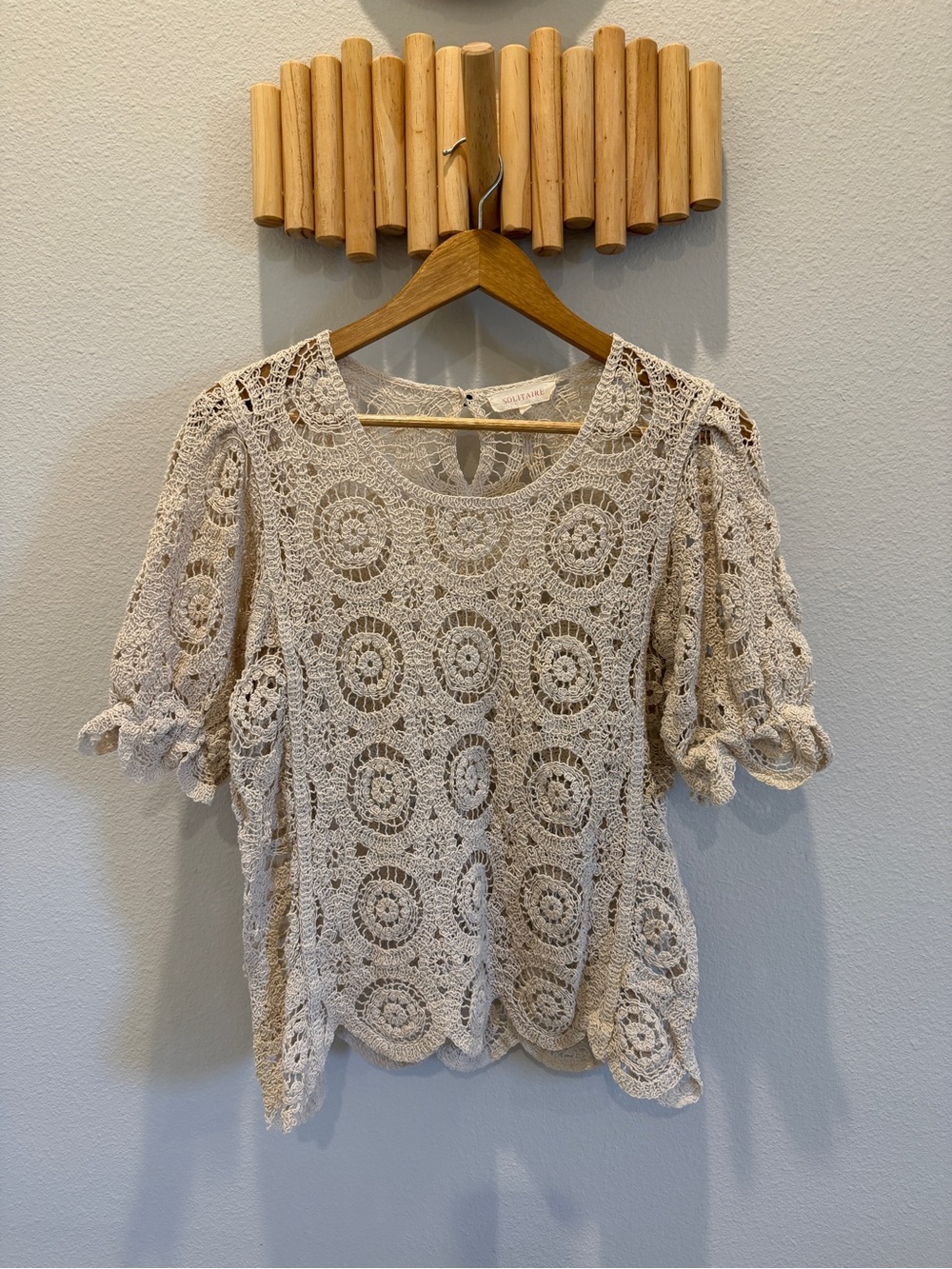 Anthropologie Solitaire Crochet Puff-Sleeve Top